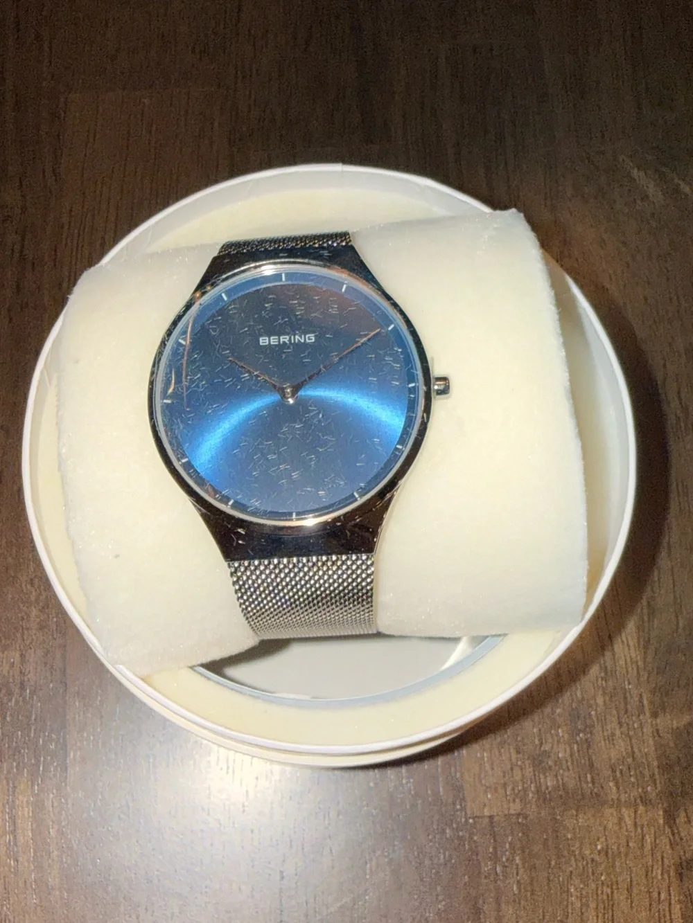 NIB BERING Men's Slim Silver Stainless Steel Mesh Watch - Blue Sunray Dial